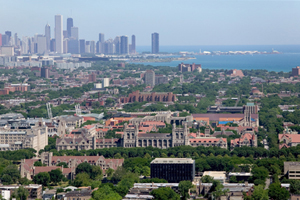 Overhead view of Chicago. Gray, beige, and brick buildings are nestled among deciduous trees. A gray cityscape and Lake Michigan are visible in the background.