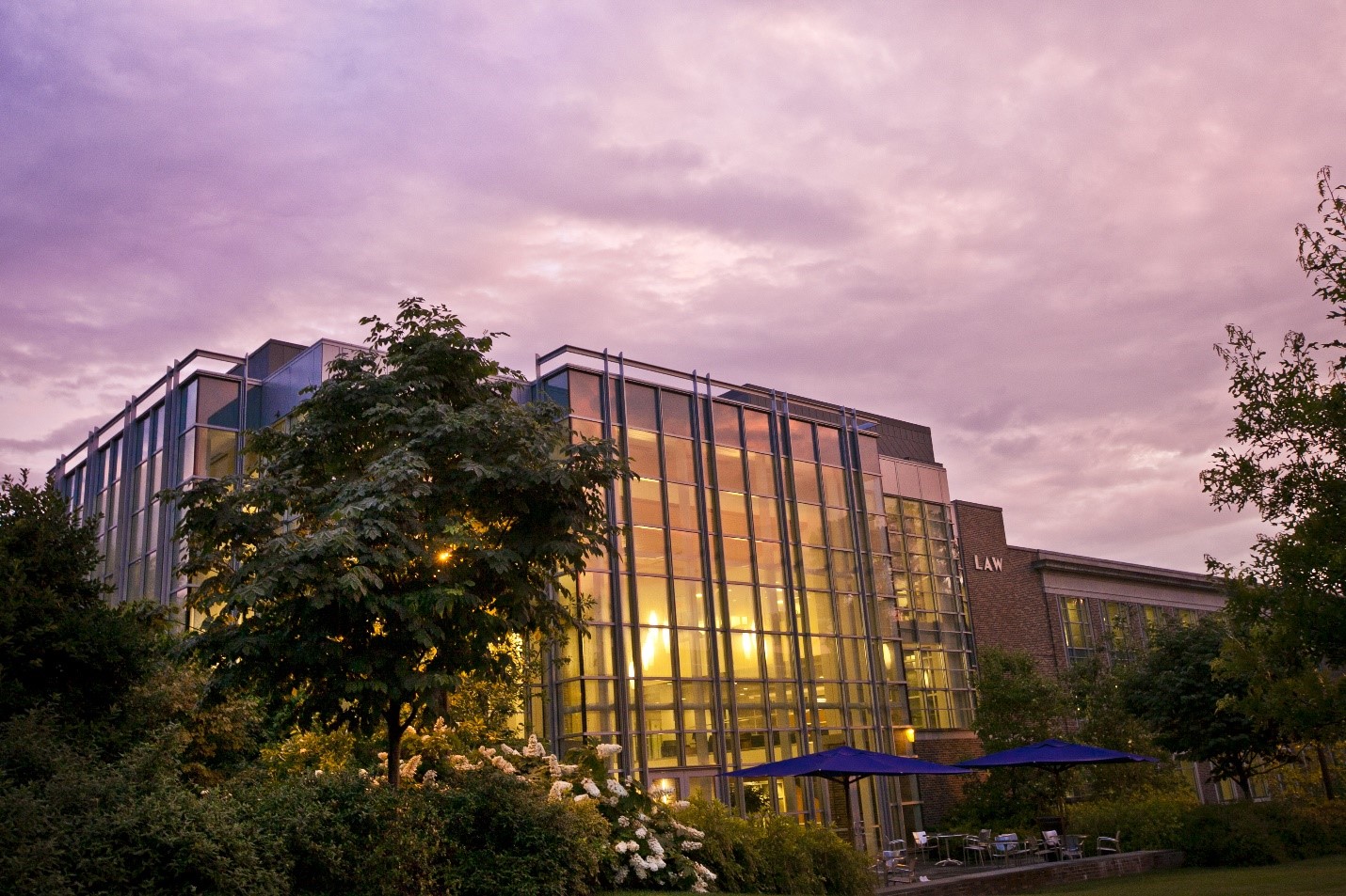 Duke campus building at dusk.