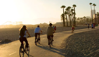 At sunset people ride bikes or walk along a path that is flanked by sand. Clusters of tall palm trees stand along the path in the background.