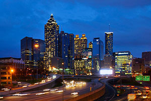 Cityscape of Atlanta at night.