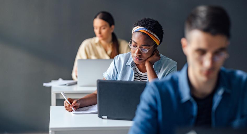 Law students at their desks in classroom