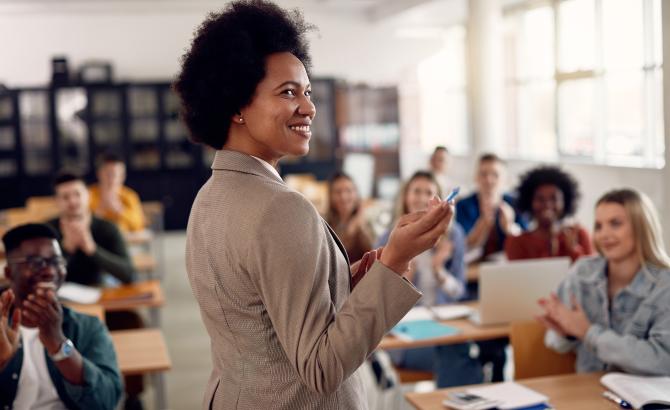 Professor instructing law students in classroom